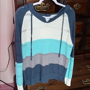 Striped Knit Women's Sweater with hood - Blue, White, Gray